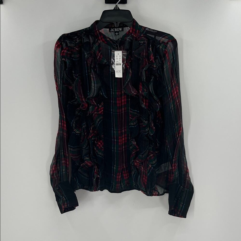J. Crew Women's Ruffle-front top in tartan crinkle cupro - Red Plaid - 4 - NWT